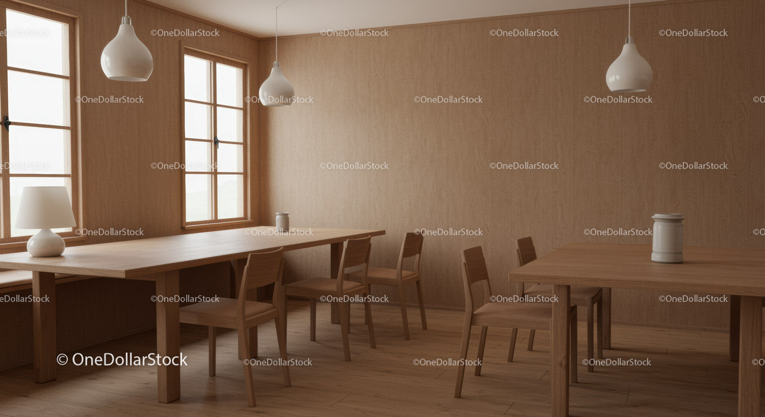 Minimalist Wooden Interior with Large Windows and Cozy Atmosphere