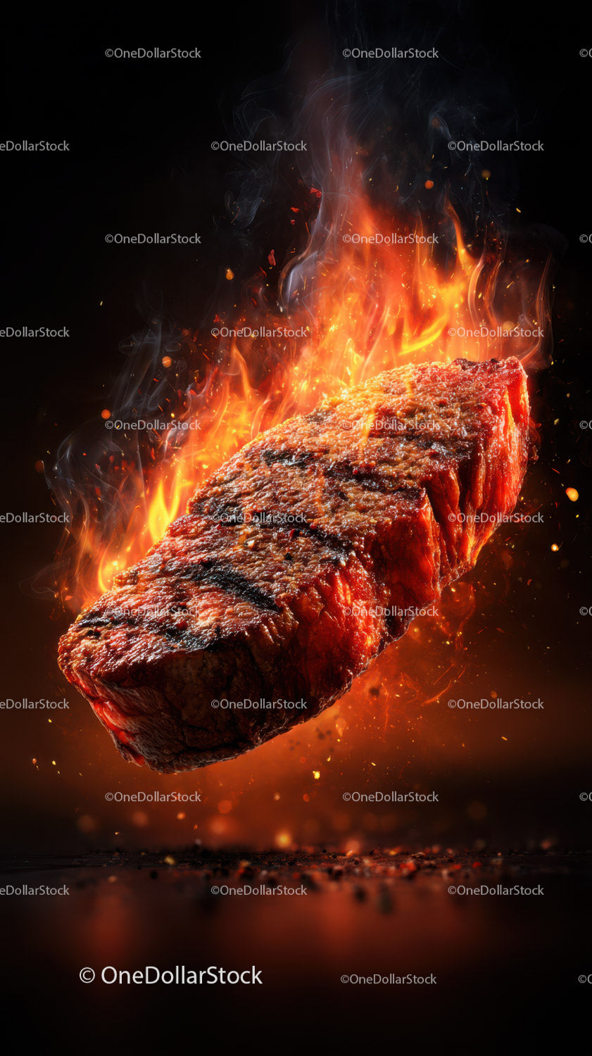 Sizzling Steak on Fire with Flames and Sparks in a Dramatic Scene