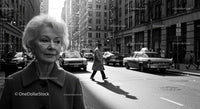 Elegant Elderly Woman Walking Through Busy City Street in Black and White