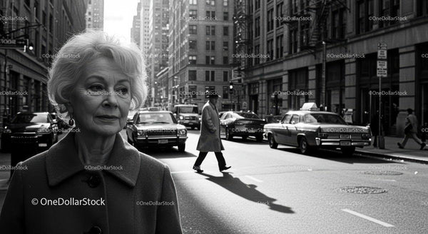 Elegant Elderly Woman Walking Through Busy City Street in Black and White