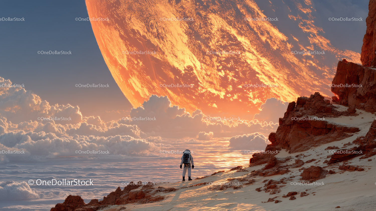 Astronaut Exploring a Surreal Alien Landscape with a Giant Orange Planet