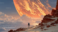 Astronaut Exploring a Surreal Alien Landscape with a Giant Orange Planet