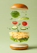 Fresh vegetables and cheese sandwich ingredients levitating