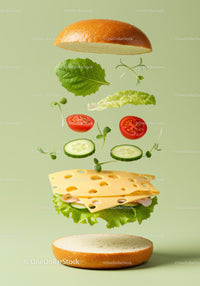Fresh vegetables and cheese sandwich ingredients levitating