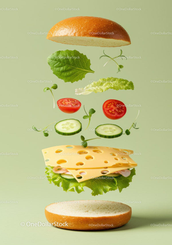 Fresh vegetables and cheese sandwich ingredients levitating