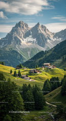 Scenic Mountain Village with Rocky Peaks and Lush Green Hills