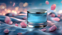 Elegant Glass Jar of Skincare with Pink Petals on Soft Fabric