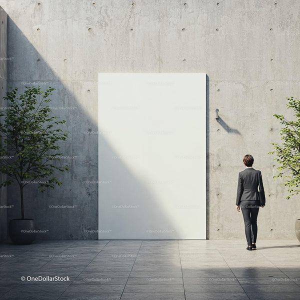 Businesswoman Approaching Blank Concrete Wall in Courtyard JPG Mockup Image