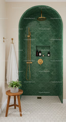 Modern green tiled shower with gold fixtures and natural decor