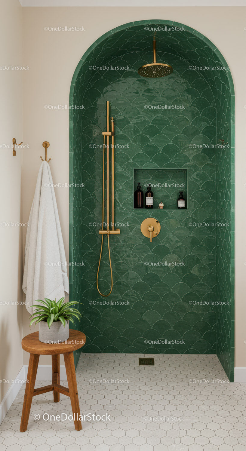 Modern green tiled shower with gold fixtures and natural decor