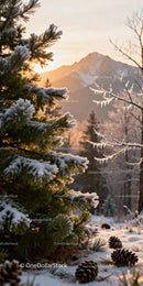 Frosted Pine Tree with Icicles at Winter Sunrise
