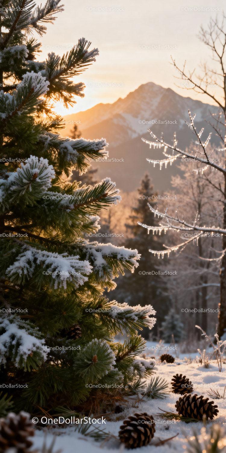 Frosted Pine Tree with Icicles at Winter Sunrise