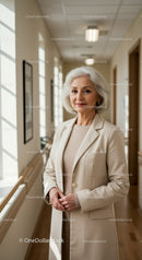 Elegant Senior Woman in Professional Attire Standing in Healthcare Corridor