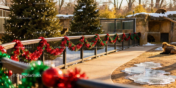 Winter zoo enclosure decorated with festive garlands and lights