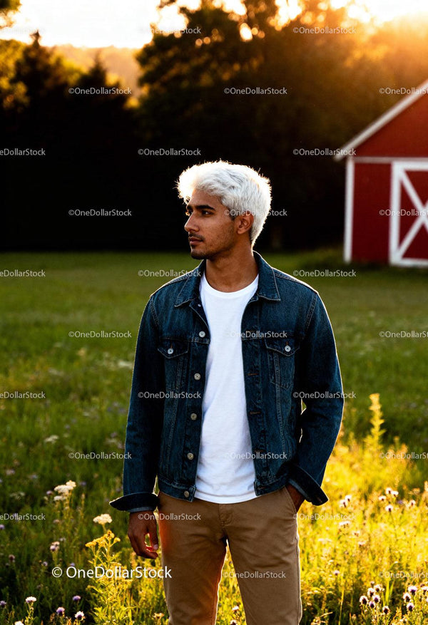 Young man with white hair standing in sunny meadow