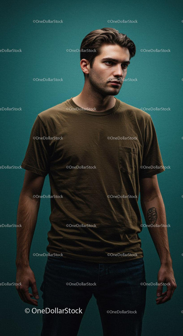 Thoughtful young man standing against teal background