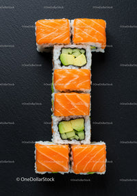 Salmon and avocado sushi arranged in number one shape