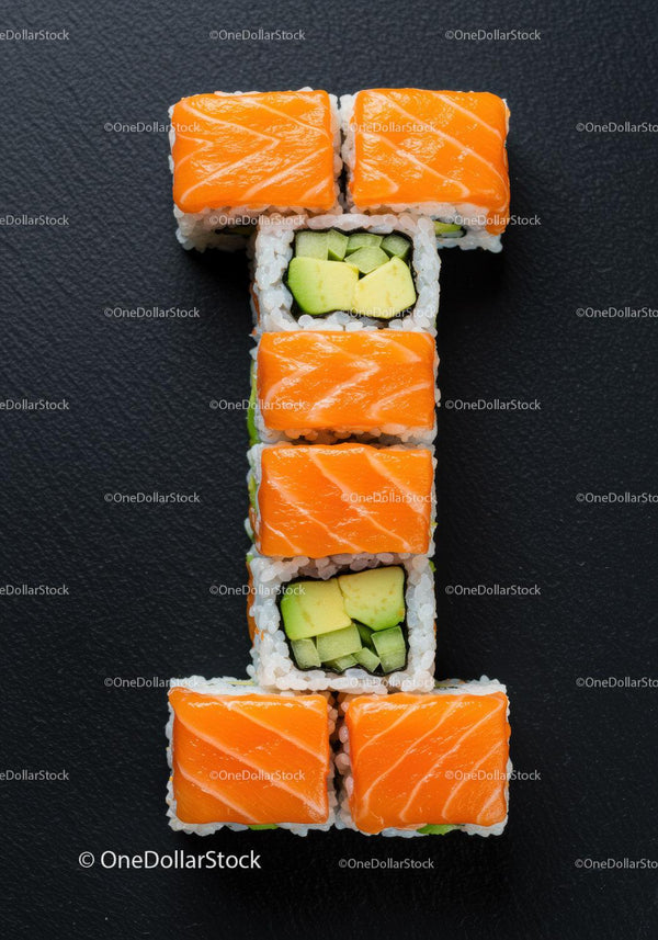 Salmon and avocado sushi arranged in number one shape
