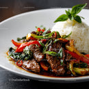 Stir-Fried Beef with Bell Peppers and Basil Served with Rice