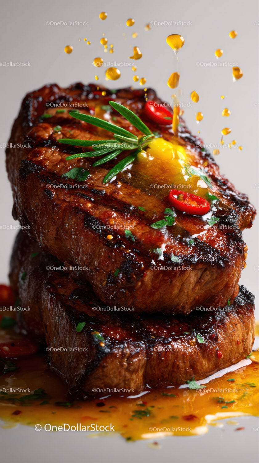 Soczysty grillowany stek ze świeżymi ziołami i plasterkami chili