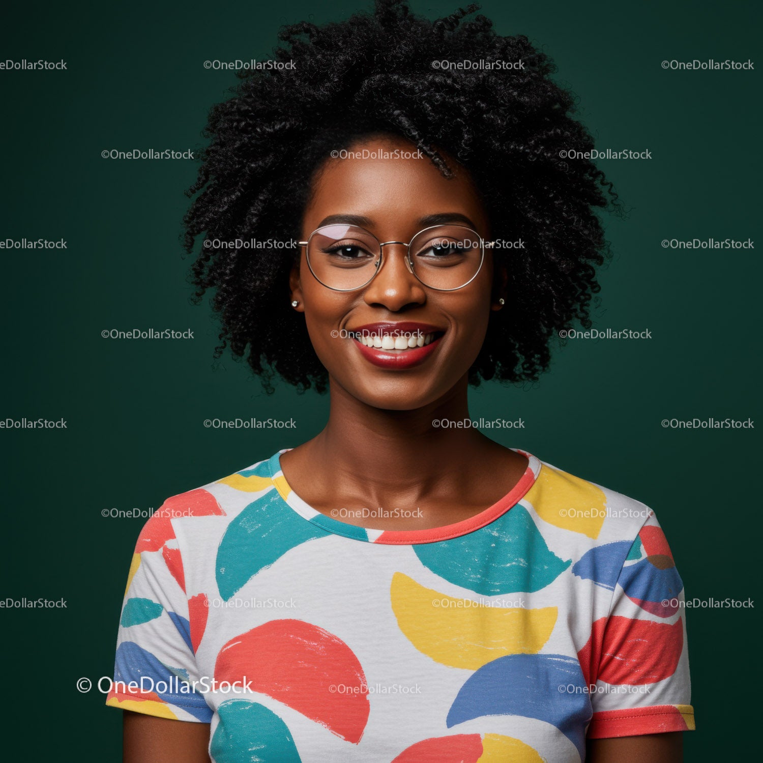 Vibrant African American Woman with Curly Hair and Glasses in Studio