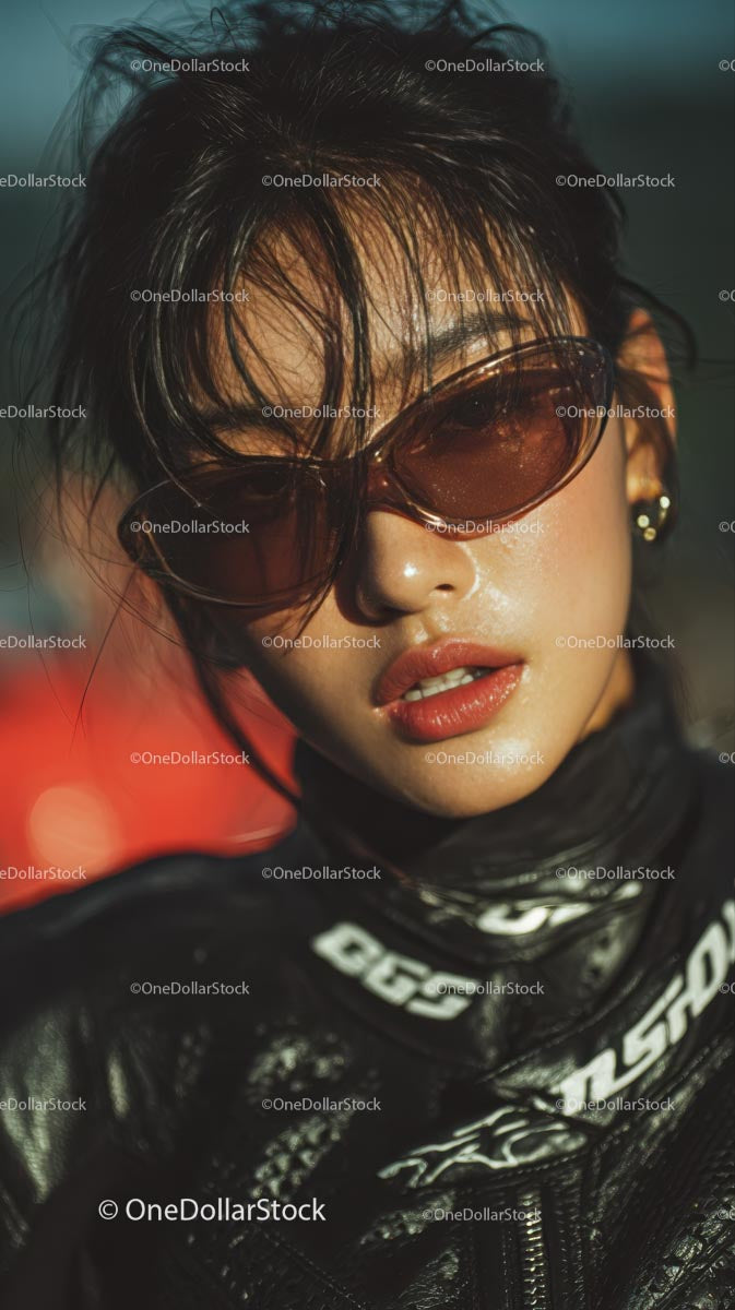 Confident Female Rider in Sunglasses with Motorcycle Gear