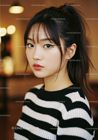 Young Woman in Black and White Striped Sweater with Stylish Makeup