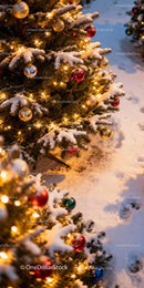 Snow-covered Christmas trees adorned with glowing lights