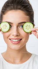 Young Woman with Cucumber Slices Over Eyes in Fresh Skincare Setting