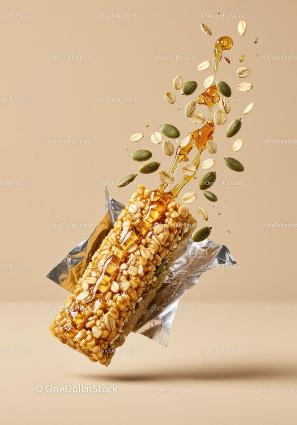 Granola bar with honey drizzle and seeds in mid air