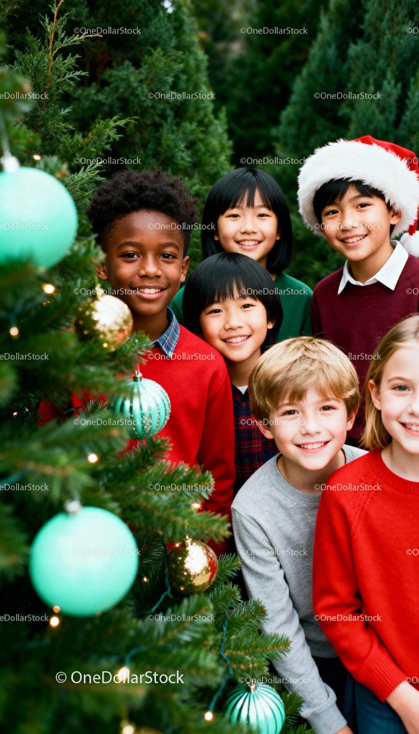 Smiling Kids Celebrating Christmas Among Festive Trees