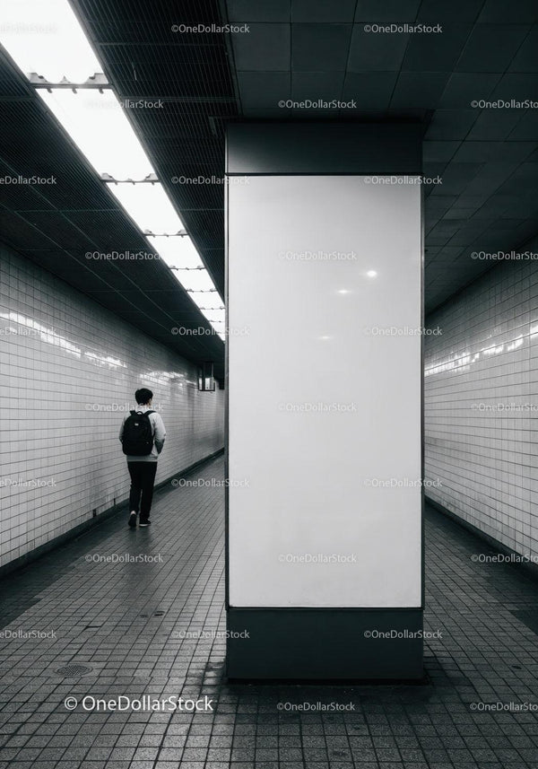 Urban Subway Tunnel with Solo Commuter and Modern Architecture JPG Mockup Image