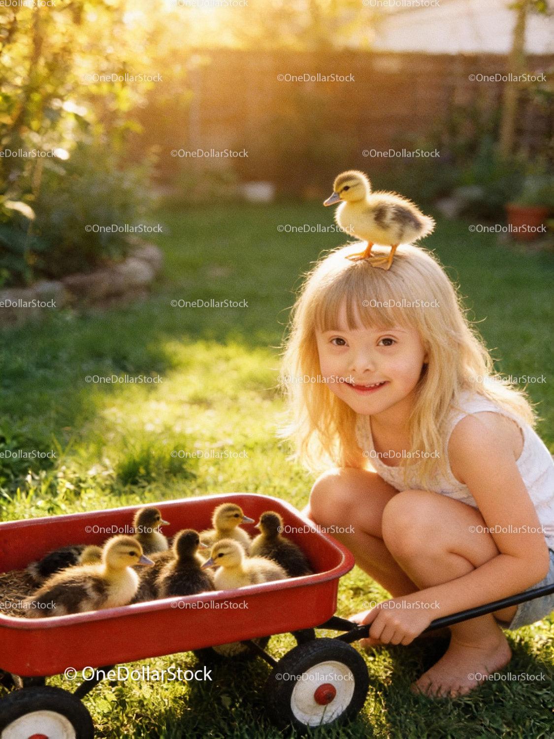 Little girl playing with ducklings in sunny garden