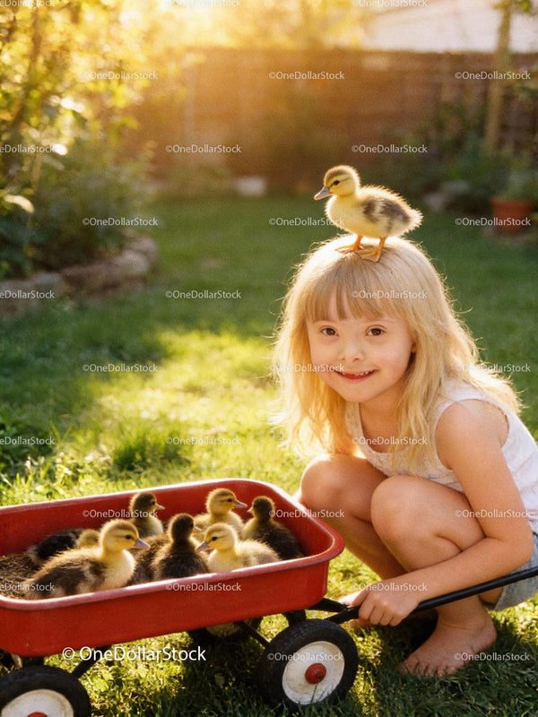Little girl playing with ducklings in sunny garden