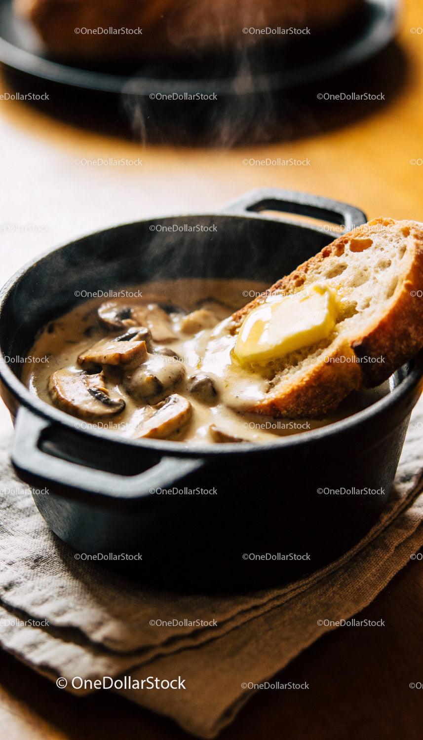 Creamy Mushroom Soup with Buttered Crusty Bread