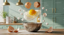 Floating cracked egg and sugar cubes over mixing bowl