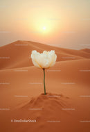 Delicate white tulip growing in vast desert at sunset