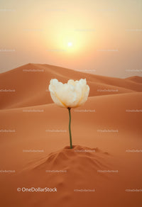Delicate white tulip growing in vast desert at sunset