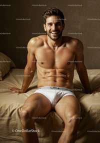 Smiling muscular man relaxing on bed in white underwear