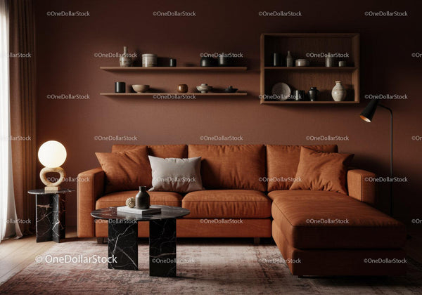 Przytulny nowoczesny salon z brązową skórzaną sofą i dekoracjami