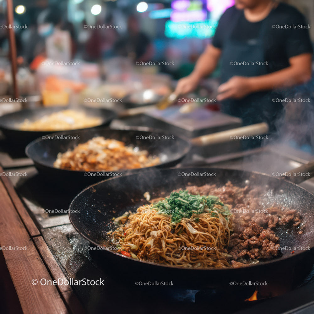 Stir-Fried Noodles with Vegetables and Meat in a Street Food Setting