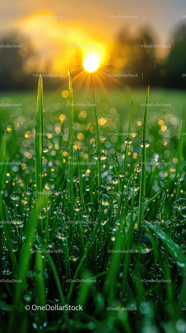 Zroszona trawa o porannym świetle słonecznym i efekcie bokeh