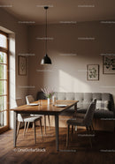 Modern dining room with wooden table and natural light