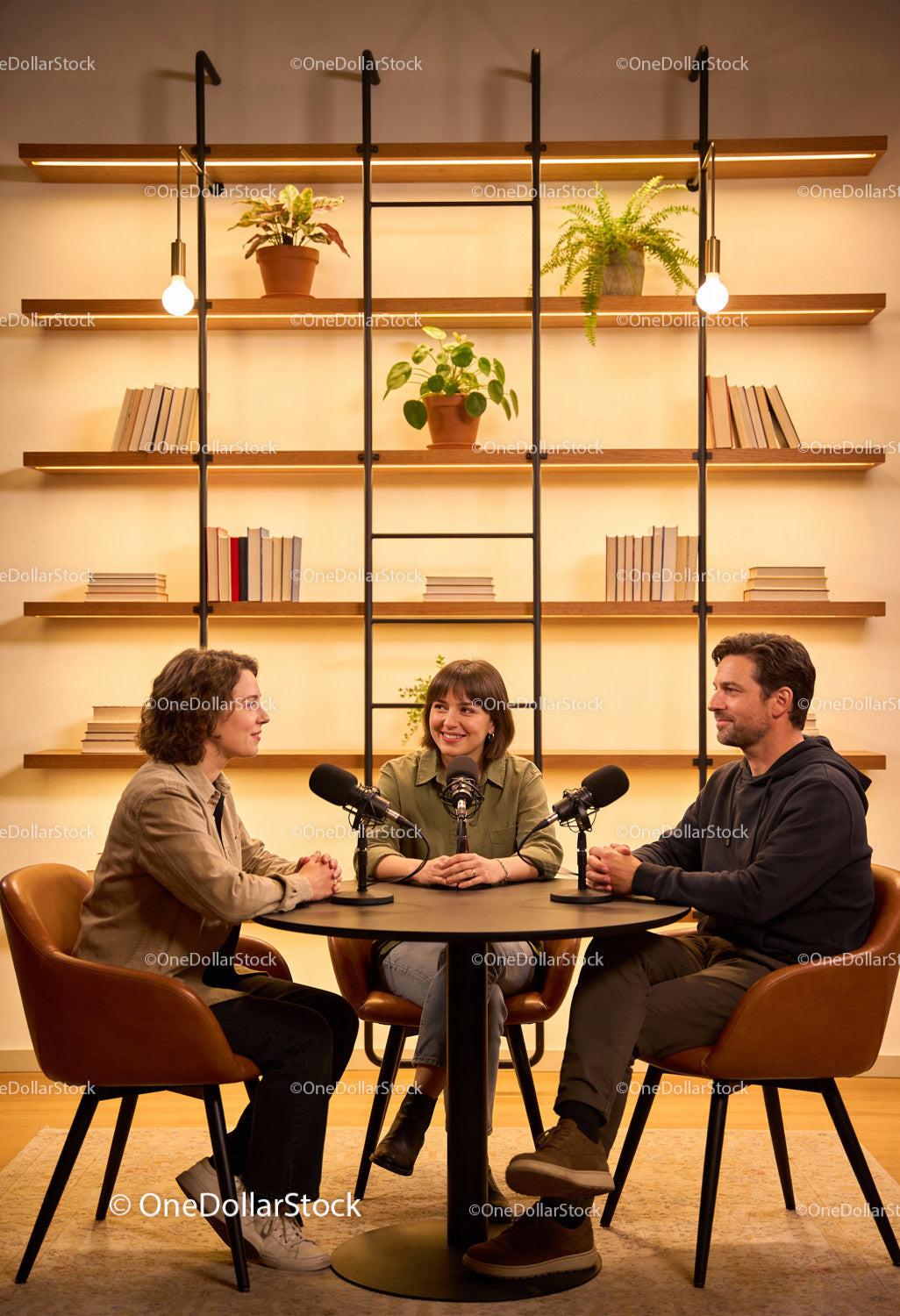 Three People Engaged in Friendly Podcast Discussion