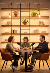 Three People Engaged in Friendly Podcast Discussion