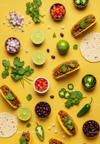 Flat Lay of Tacos with Fresh Ingredients on Yellow Background