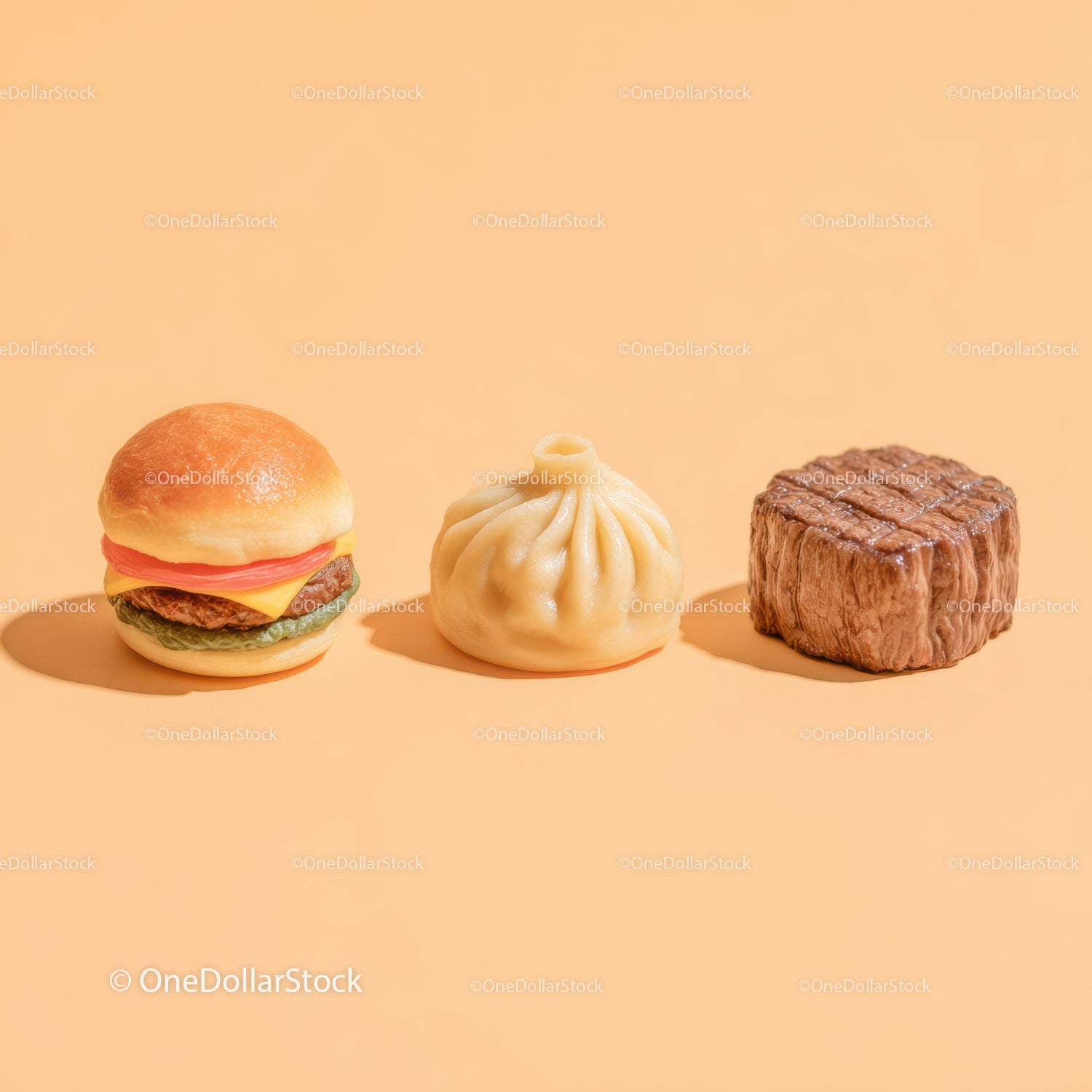 Gourmet Burger with Lettuce and Tomato Next to Grilled Steak and Dumpling