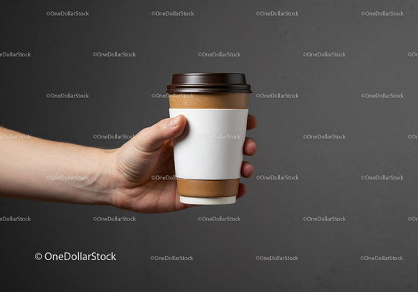 Hand Holding Disposable Coffee Cup with White Sleeve JPG Mockup Image