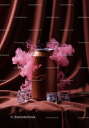Chilled brown can with pink smoke and ice cubes