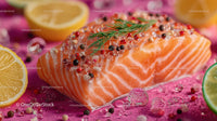 Fresh Salmon Fillet with Lemon Slices and Colorful Peppercorns